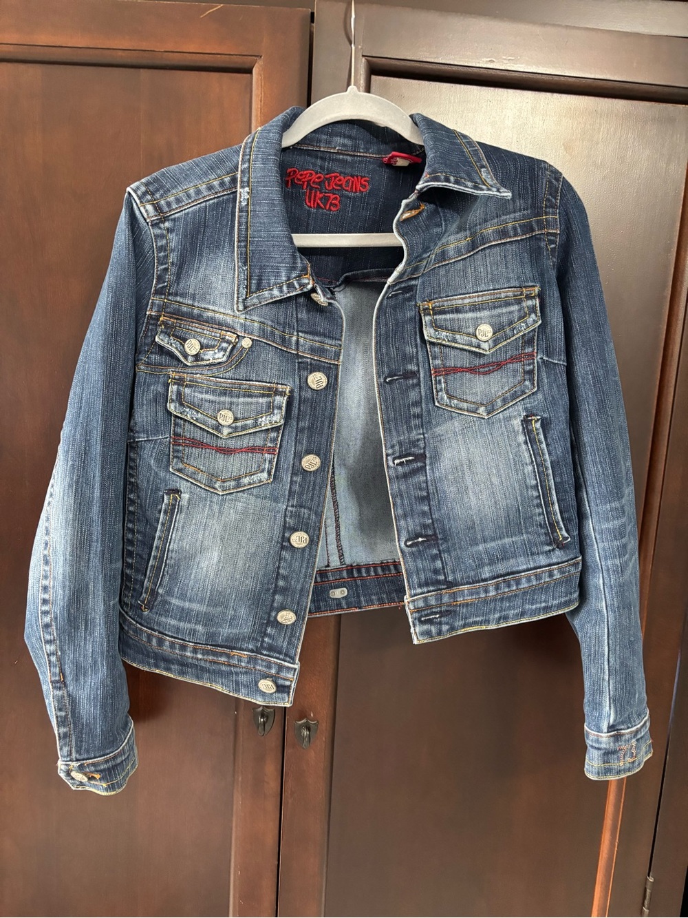 Pepe Jeans Navy Denim Jacket with Red Embroidery